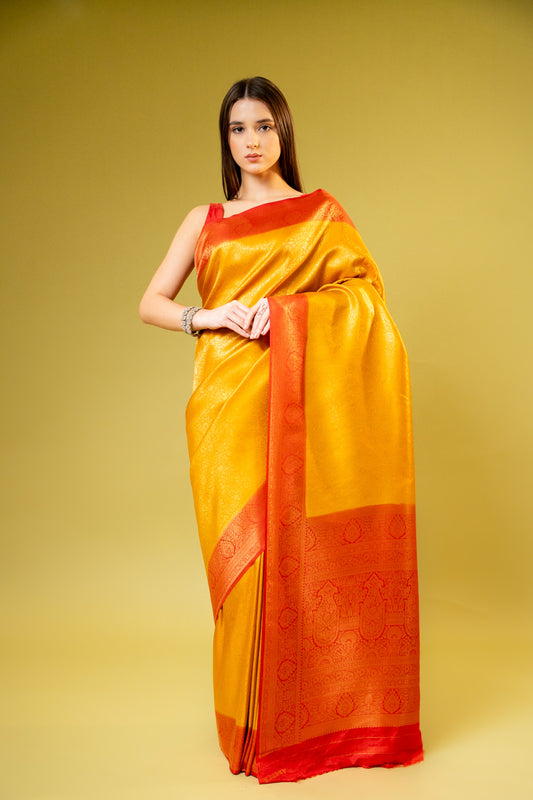 Mustard Banarasi Silk Saree With Unstitched Blouse