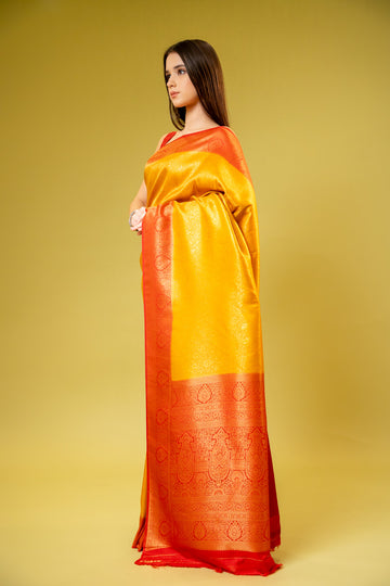 Mustard Banarasi Silk Saree With Unstitched Blouse