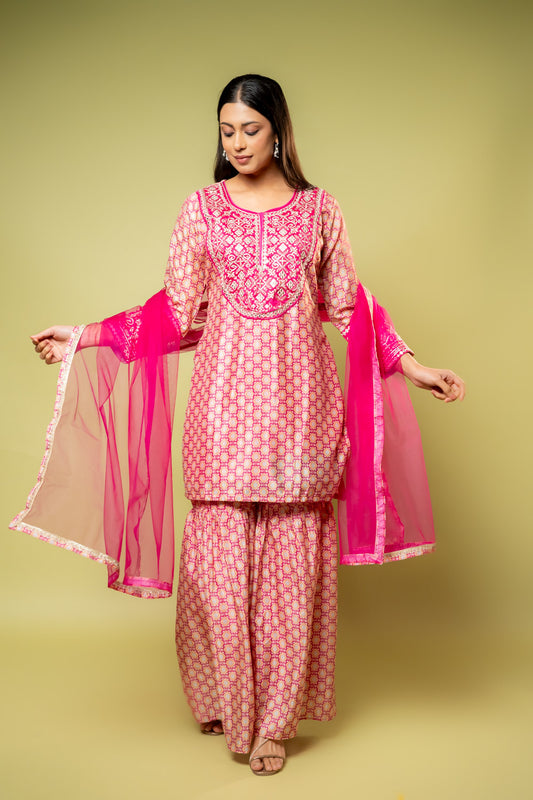 Rani Crepe Readymade Suit And Palazzo With Chiffon Dupatta