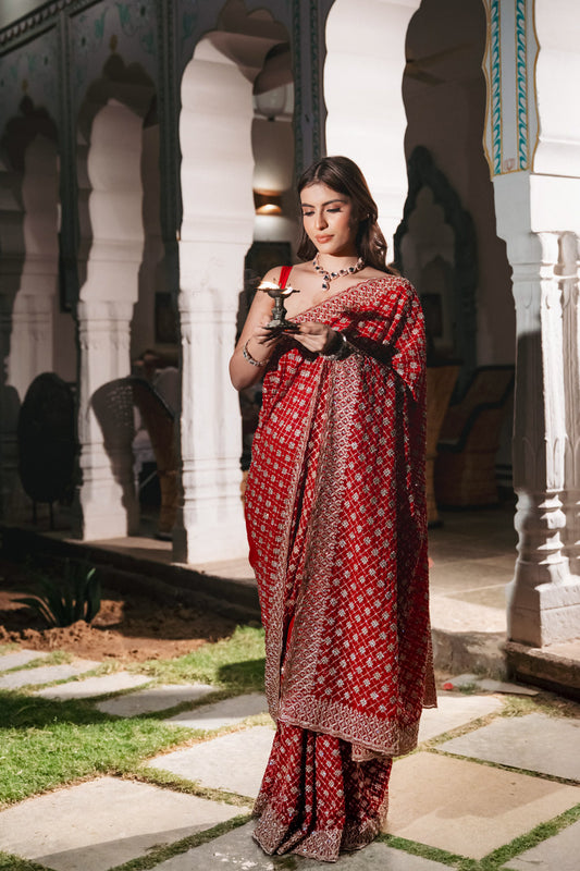 Red Georgette Embroidered Saree With Unstitched Blouse