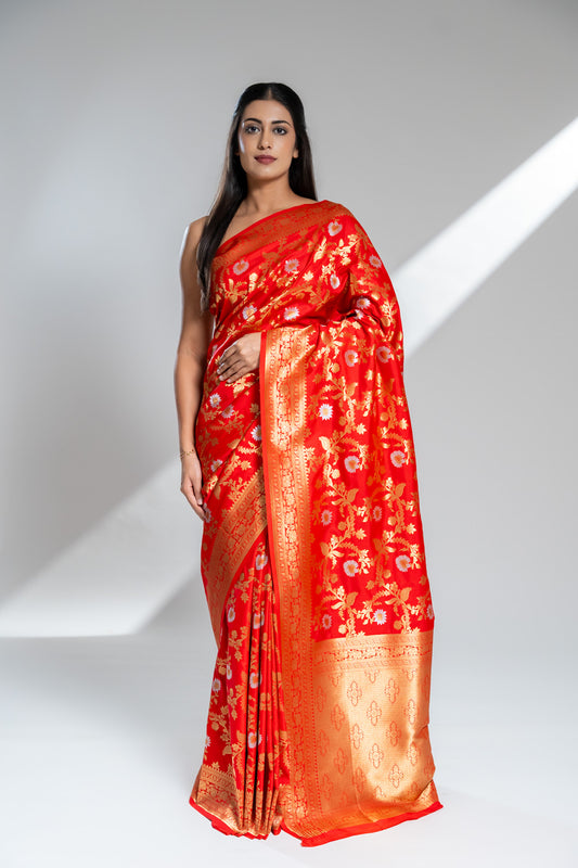 Red Banarasi Silk Saree With Unstitched Blouse