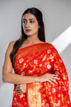 Red Banarasi Silk Saree With Unstitched Blouse