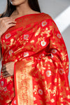 Red Banarasi Silk Saree With Unstitched Blouse