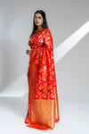 Red Banarasi Silk Saree With Unstitched Blouse