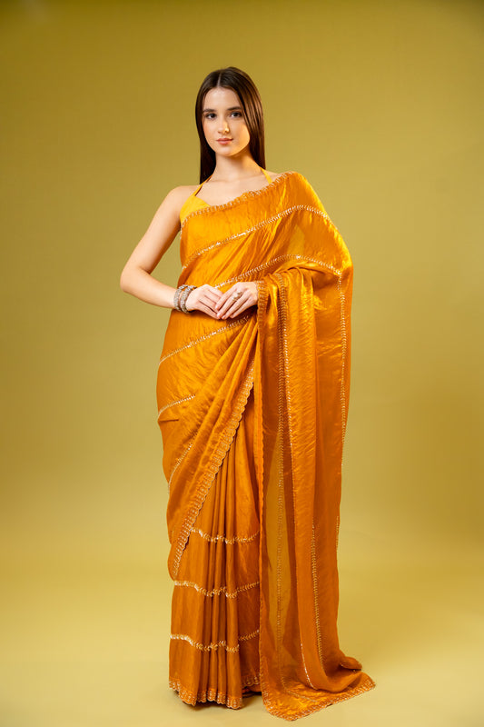 Mustard Organza Embroidered Saree With Unstitched Blouse