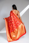 Red Banarasi Silk Saree With Unstitched Blouse
