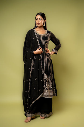 Black Georgette Readymade Suit And Palazzo With Georgette Dupatta