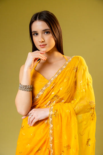 Mango Gold Chiffon Embroidered Saree With Unstitched Blouse