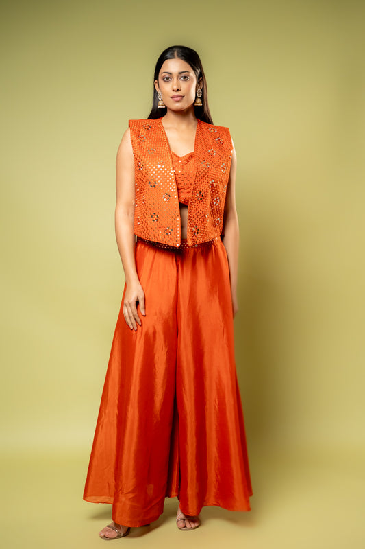 Rust Georgette Readymade Short Top Sharara Set With Shrug