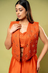 Rust Georgette Readymade Short Top Sharara Set With Shrug