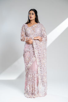 Mauve Net Embroidered Saree With Readymade Blouse