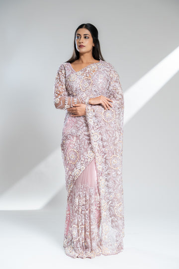 Mauve Net Embroidered Saree With Readymade Blouse