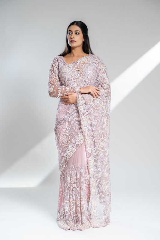 Mauve Net Embroidered Saree With Readymade Blouse