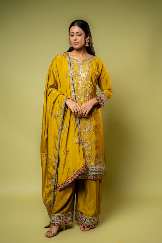 Pista Chinon Readymade Sharara Set With Chinon Dupatta