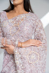Mauve Net Embroidered Saree With Readymade Blouse
