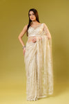 Off White Net Embroidered Saree With Unstitched Blouse
