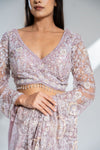 Mauve Net Embroidered Saree With Readymade Blouse