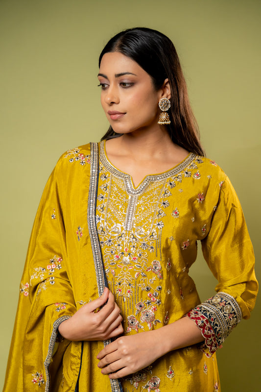 Pista Chinon Readymade Sharara Set With Chinon Dupatta