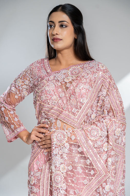 Gajari Net Embroidered Saree With Readymade Blouse