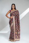 Wine Khaddi Georgette Embroidered Saree With Unstitched Blouse