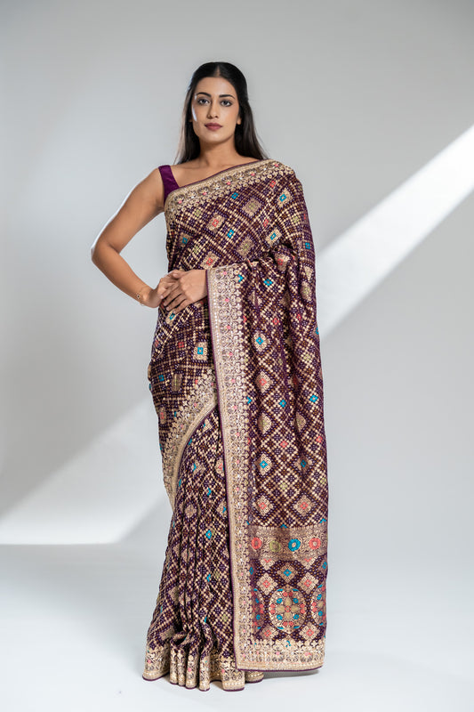 Wine Khaddi Georgette Embroidered Saree With Unstitched Blouse