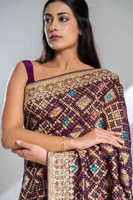 Wine Khaddi Georgette Embroidered Saree With Unstitched Blouse