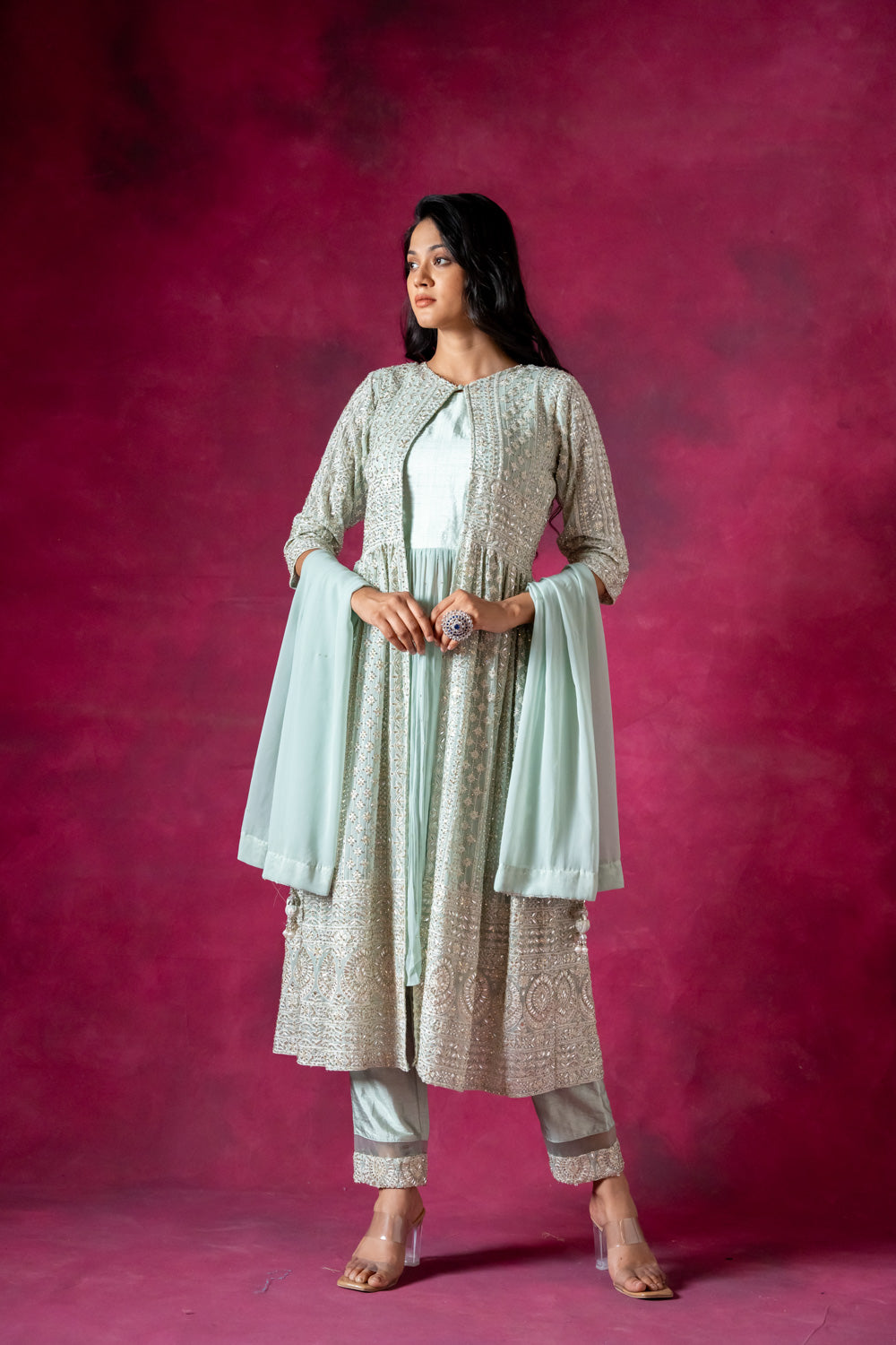 Sea Green Georgette Embroidered Readymade Suit With Dupatta