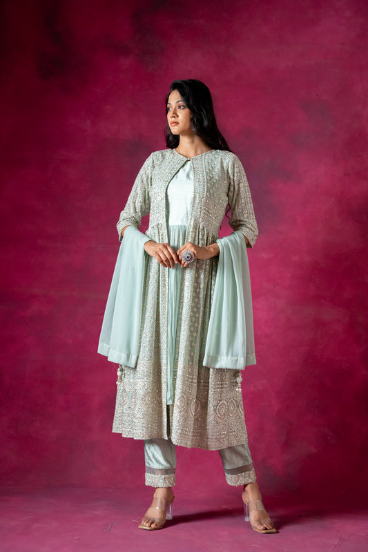 Sea Green Georgette Embroidered Readymade Suit With Dupatta