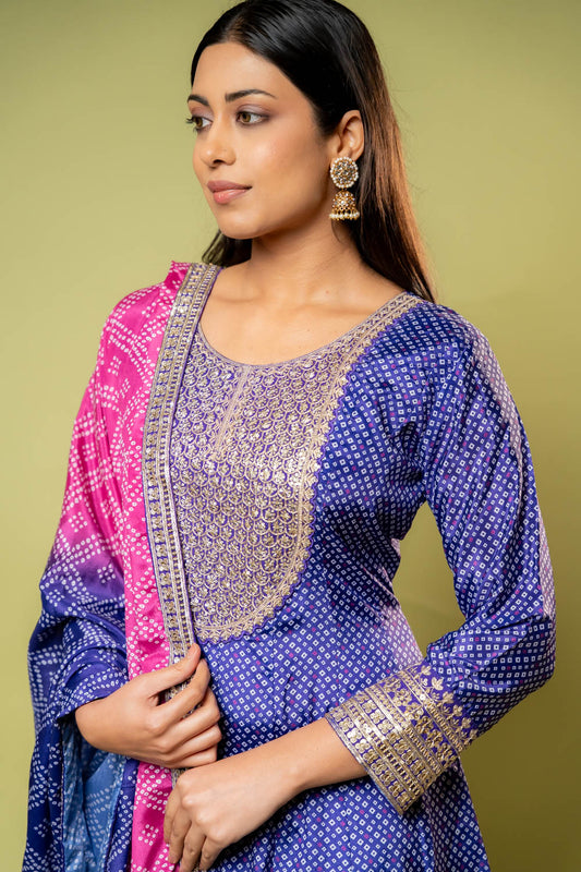 Purple Chinon Floor Length Readymade Suit With Chinon Dupatta