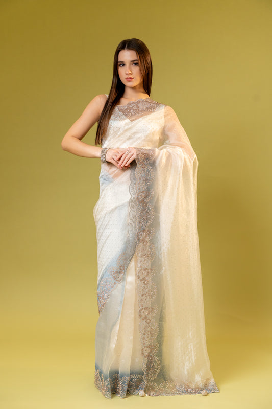 Tussar Grey Organza Embroidered Saree With Unstitched Blouse