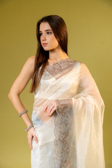 Tussar Grey Organza Embroidered Saree With Unstitched Blouse