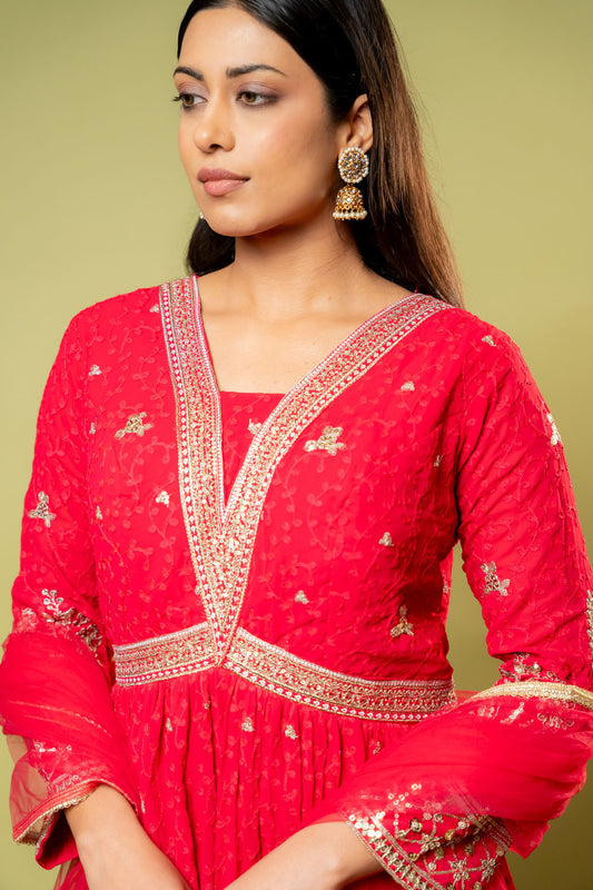 Rani Georgette Floor Length Readymade Suit With Net Dupatta