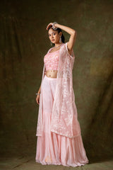 Pink Georgette Short Top Sharara Set With Shrug