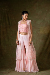 Pink Georgette Short Top Sharara Set With Shrug