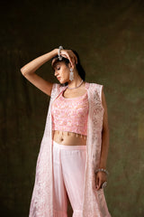 Pink Georgette Short Top Sharara Set With Shrug