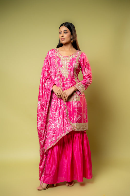 Pink Chinon Readymade Sharara Set With Chinon Dupatta