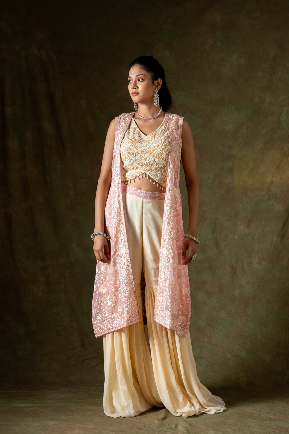 Georgette Short Top Sharara Set With Shrug