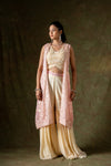 Off White Pink Georgette Short Top Sharara Set With Shrug