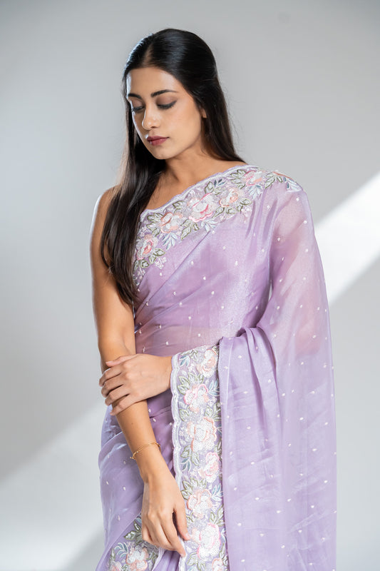 Mauve Organza Tissue Embroidered Saree With Unstitched Blouse
