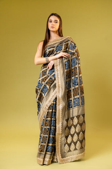 Black Khaddi Georgette Embroidered Saree With Unstitched Blouse