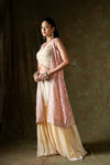 Off White Pink Georgette Short Top Sharara Set With Shrug