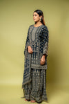 Black Crepe Readymade Sharara Set With Crepe Dupatta