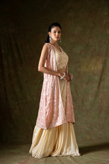 Off White Pink Georgette Short Top Sharara Set With Shrug