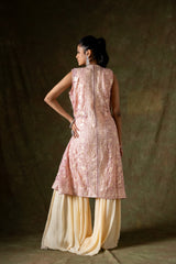 Off White Pink Georgette Short Top Sharara Set With Shrug