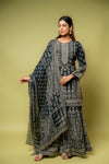 Black Crepe Readymade Sharara Set With Crepe Dupatta
