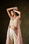 Off White Pink Georgette Short Top Sharara Set With Shrug