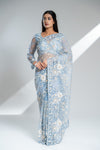 Blue Grey Net Embroidered Saree With Readymade Blouse