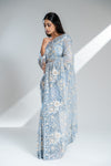 Blue Grey Net Embroidered Saree With Readymade Blouse