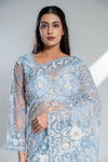 Blue Grey Net Embroidered Saree With Readymade Blouse