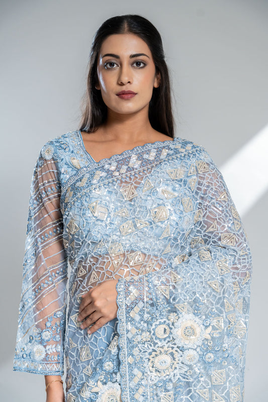 Blue Grey Net Embroidered Saree With Readymade Blouse